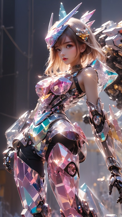 (masterpiece, best quali),1girl,wearing colorful crystal mecha,multi-light crystal mecha,crystal mecha helmet,crystal mechanical shoes,dynamic posture,complex crystal structure,multi-crystal,dynamic_angle,cinematic_angle,from_below,mecha