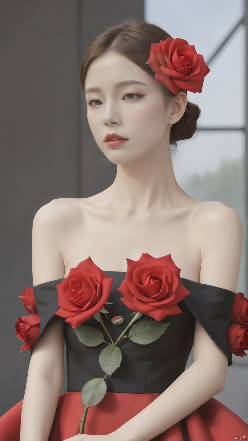 1girl, solo, dress, bare shoulders, collarbone, flower, rose, bug, red flower, red rose, (in style of Alexander McQueen:1.1), beautiful details (masterpiece,best quality:1.4),