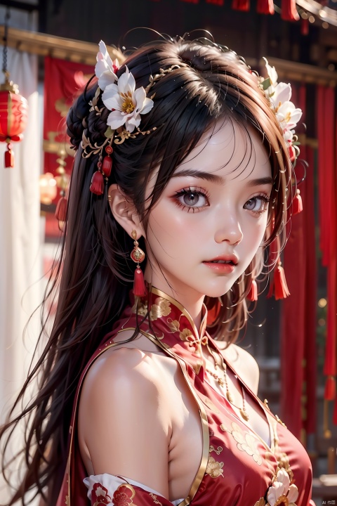  Bride in wedding attire,1girl,Red wedding dress, bare shoulders, black hair, blurry background, breasts, chinese clothes, closed mouth, curtains, depth of field,earrings,printing,necklace,earring,（chinese  dragon：1.5）， grey eyes, hair ornament, hairband, jewelry, lips, long hair, looking at viewer, medium breasts, own hands together, red lips, solo, tassel, upper body