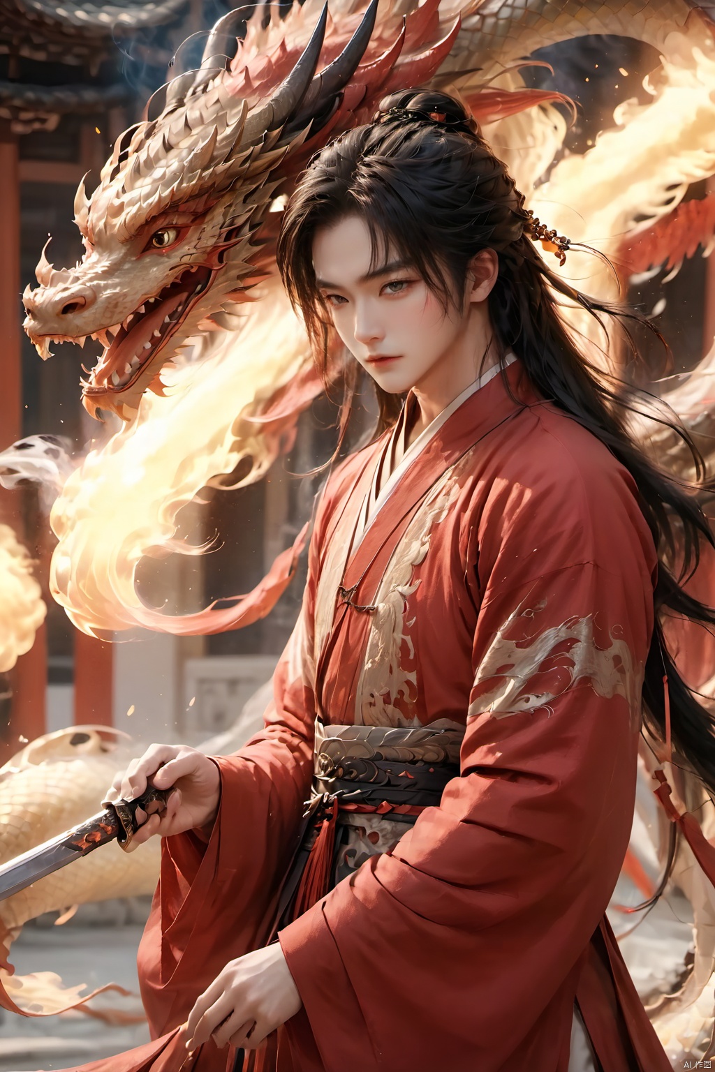  (masterpiece, best quality:1.5), smoke dragon,1boy, black hair, Breathing fire, combustion, ember, whole body, Keep, Keep sword, Keep arms,dark magic,Ancient Chinese Hanfu, long hair, long sleeves, looking at the audience, male focus, Red theme, alone, Permanently installed, sword, very long hair, arms, 1girl, 1BOY