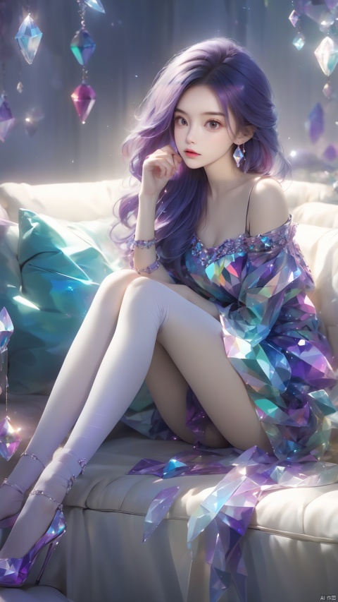 (masterpiece, best quali),1girl,bare shoulders,earrings,feet,finger to mouth,kneehighs,lips,sweater,Pressing one leg onto the other leg,White Stockings,Girl's posture,long hair,looking at viewer,no shoes,off shoulder,pillow,sitting,socks,solo,sofa,full body,Crystal Girl, Colorful crystal decoration,Crystal necklace,Crystal on the body,Floating Colorful Crystal,Purple gradient hair,1girl, hand