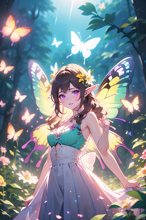  1girl,Butterflies on the Head, antennae, blue butterfly, blue wings, blurry, blurry background, brown hair, butterfly, butterfly hair ornament, butterfly on hand, butterfly wings, cleavage, fairy, fairy wings, flower, flying, glowing butterfly, glowing wings, green wings, hair ornament, ice wings, insect wings, lips, long hair, medium breasts, motion blur, multicolored wings, nature, pink wings, pointy ears, purple wings, solo, transparent wings, white butterfly, white wings, wings, yellow butterfly, yellow wings,Dawn Elf,dawn,glow,Glowing wings,Dress,Multiple butterflies,Glowing Butterfly,Super large wings