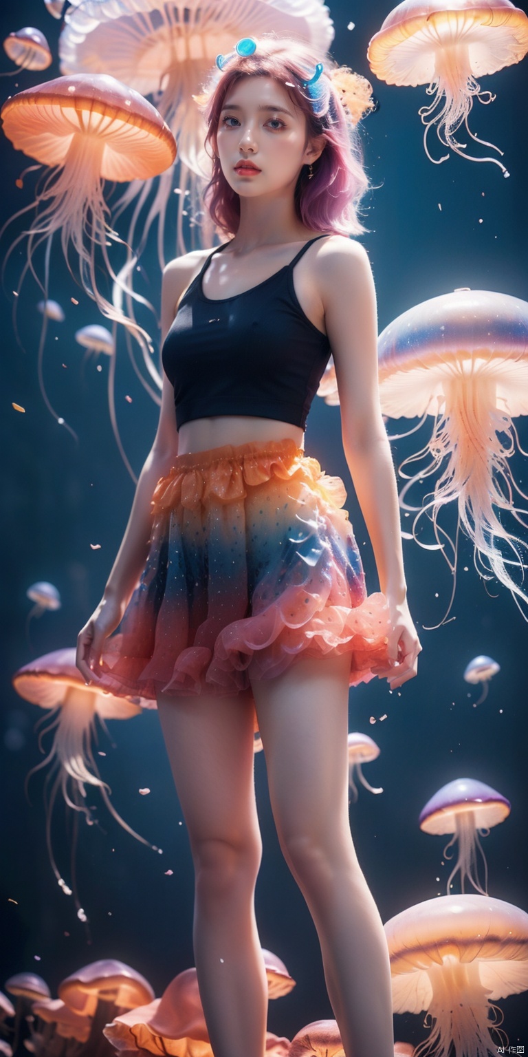  Colorful Girl, 1Girl,Colorful jellyfish, colorful jellyfish floating in the air,Close shot, large jellyfish on head, front, upper body, above thighs, blue **** top dress, complex fluid shaped colored short skirt at waist, off shoulder, colorful print, looking at the camera, colored gradient hair, dark gradient background, depth of field, glow, hand101, 1girl