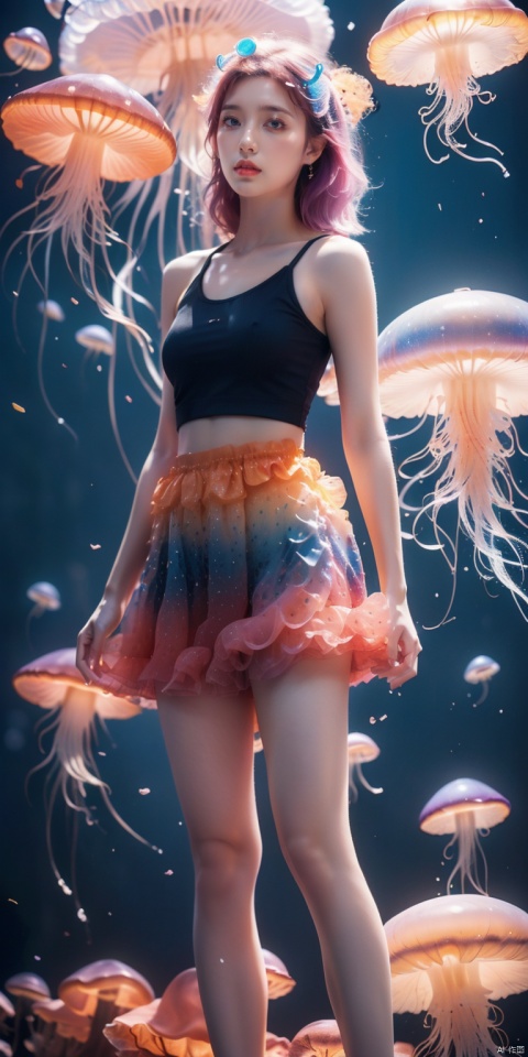  Colorful Girl, 1Girl,Colorful jellyfish, colorful jellyfish floating in the air,Close shot, large jellyfish on head, front, upper body, above thighs, blue tank top dress, complex fluid shaped colored short skirt at waist, off shoulder, colorful print, looking at the camera, colored gradient hair, dark gradient background, depth of field, glow, hand101, 1girl