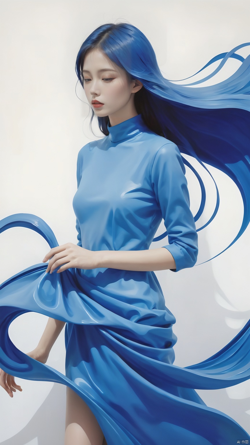 A surreal blue gouache painting with thick lines of girl, in the style of minimalist flowing surrealism, masterpiece