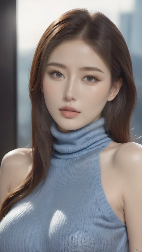masterpiece, high quality, 8k uhd, realistic, perfect face, beautiful face, sweater, turtleneck, sleeveless, bare shoulder, gorgeous, gorgeous female, beautiful, perfect round breasts, charming, perfect female body, fancy lighting, perfect skin, soft skin , ((poakl))