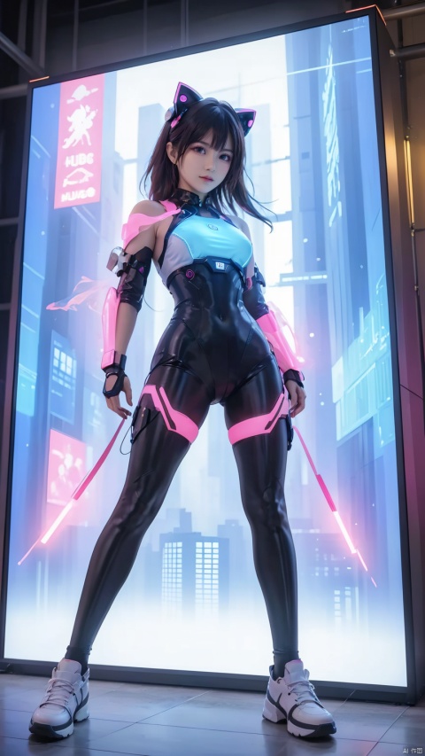 (masterpiece, best quality: 1.2) , 16K, horizontal image quality, future technology, 1girl, dynamic pose, glowing clothing, multi-line light on body, multi-light clothing, chinese Chun-Li in a cyberpunk-style mech suit, meatball head, (glowing electronic screen) , (electronic message flow: 1.3) , holographic projection, (glowing electronic screen on ARM: 1.2) , glowing text on thigh, (girl pose: 1.2) , glowing e-shoes, (body: 1.2) , colored smoke, city blocks, cyberpunk city background, glow, neon, HUBG_Beauty_Girl, HUBG_Mecha_Armor,A cyberpunk girl