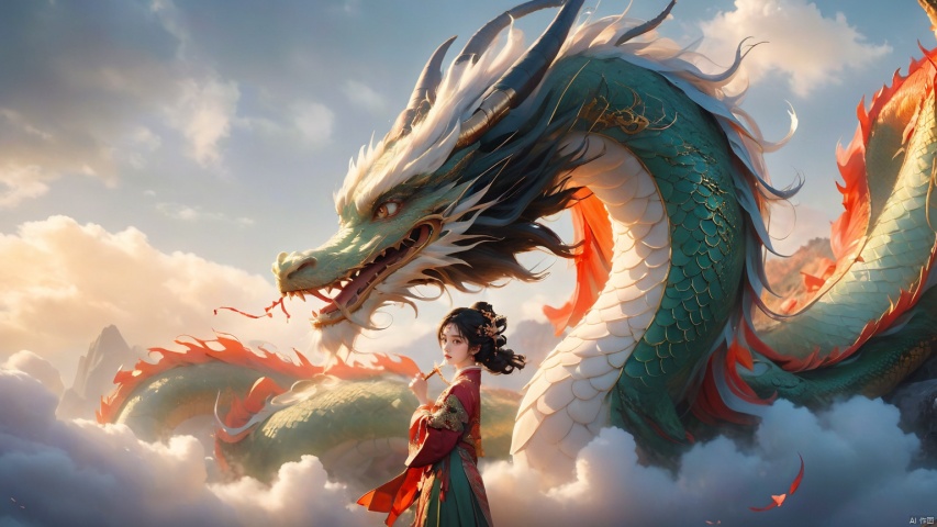 The girl and the Chinese dragon,Chinese dragon,1girl,black hair,cloud,Chinese Hanfu,squama ,The hair on the faucet,Ultimate details,Dragon horn,The graceful and winding dragon body,cloudy sky,dragon,Green Dragon,Looking at the camera,Oblique lateral body,The dragon's body coiled around the girl's side,Open the dragon's mouth,dragon horns,The camera looks up from below,eastern dragon,flower,glowing,horns,mountain,scales,sky,standing,sunset,teeth,twilight Chinese dragon, glow