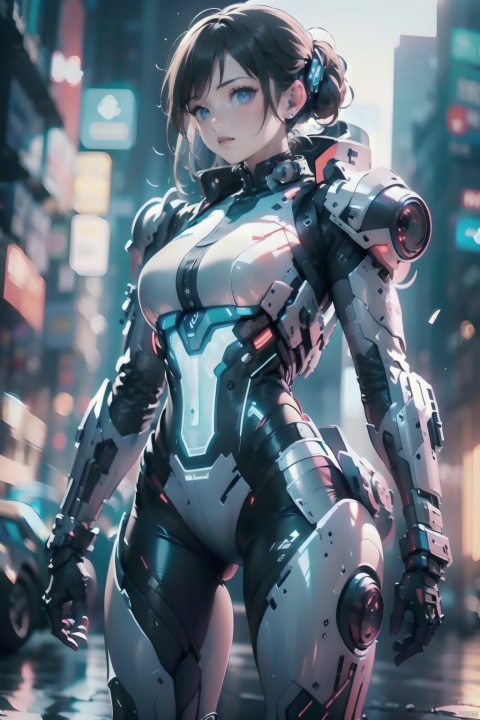  1girl,Future style gel coat,Future Combat Suit,armor,blurry background,bodysuit,breasts,building,Glowing Clothing,Shoulder mecha,Oblique lateral body,Above the knee,Grey gel coat,Upper body,Clothing with multiple light sources,city,cowboy shot,cyberpunk,depth of field,looking at viewer,medium breasts,realistic,science fiction,solo,standing,机械耳机, Aerospace mecha