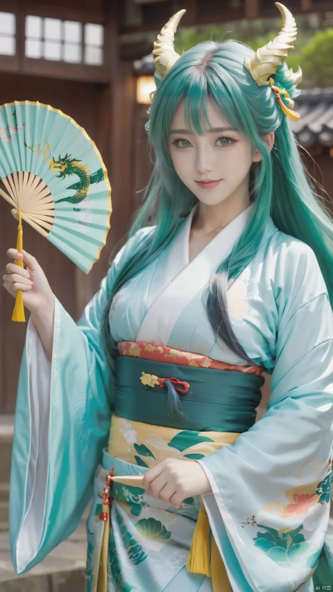 1girl, kiyohime \(fate\), solo, best quality, detailed, upper body, looking at viewer, holding fan, smile, dragon horns, closed mouth, yellow eyes, green eyes, hair between eyes, eyebrows visible through hair, long hair, green hair, aqua hair, bangs, kimono, wide sleeves, obi, folding fan, dragon girl, shaded face