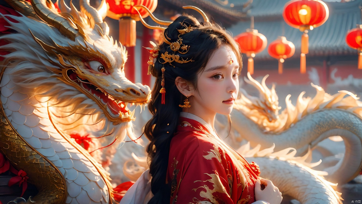 The girl and the Chinese dragon,Chinese dragon,1girl,blurry background,Chinese Hanfu,squama ,Dragon body coiled around the girl's body, dragon head close to her head, close-up photo taken,Golden Lantern Earrings,Golden Flower Earrings,Watching the audience,Silver metal headwear,White Dragon,Headwear,Little Dragon,close-up,Ultimate details,The hair on the faucet,Dragon horn,depth of field,dragon,earrings,jewelry, Chinese dragon, glow