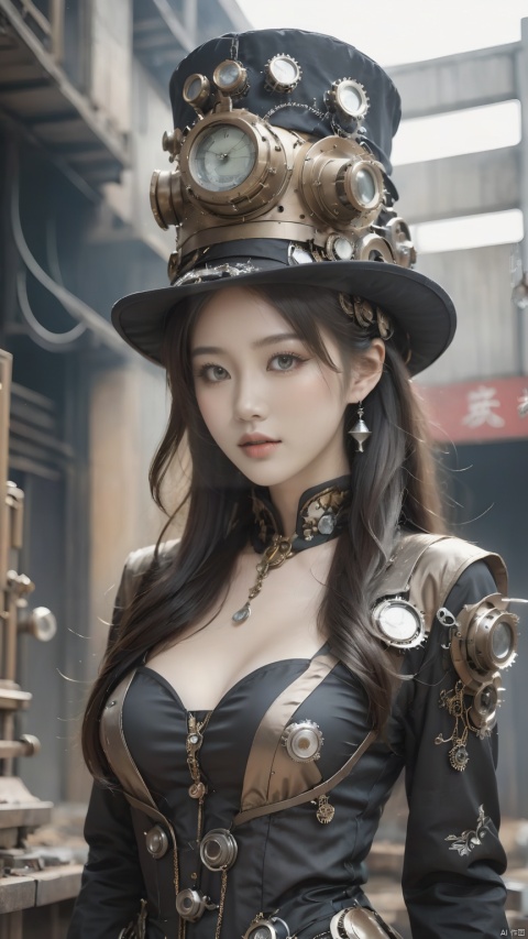 Chinese girl's fashion mechanical clothing, black fabric dotted with silver mechanical decoration, with a pair of gray stockings, showing innovation and craftsmanship. He wears a silver hat with several metal ornaments hanging from the brim, and his eyes show a passion and desire for technology. Holding a handful of mechanical art works transformed from waste soil, he is a mechanical artist in waste soil, expressing his yearning and exploration for the future with his creativity and art, Steampunk