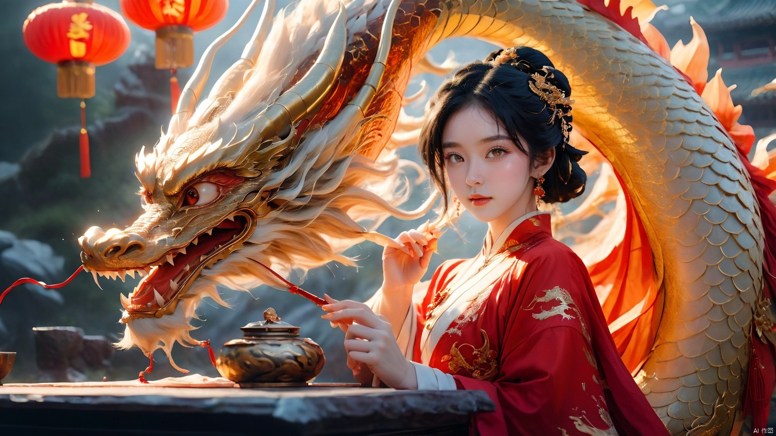 The girl and the Chinese dragon,Chinese dragon,1girl,black hair,Chinese Hanfu,dragon,squama ,The hair on the faucet,Ultimate details,Dragon horn,close-up,Wearing a red gold border Hanfu,Red Dragon Face,The dragon head is suspended on the girl's head,Silver Dragon,The girl leaned against the gilded stone table, sideways,Close range,Open the dragon's mouth,eastern dragon,jewelry,long hair,long sleeves,open mouth,orange eyes,scales,solo,standing,teeth, Chinese dragon, glow