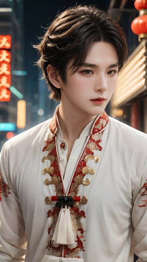 1boy,A handsome man dressed in a stylish Chinese suit,his shirt embellished with traditional Chinese motifs,a smartphone in hand,and the high-rises and busy streets of a modern city as a backdrop,reflects his style of modern urban elite,