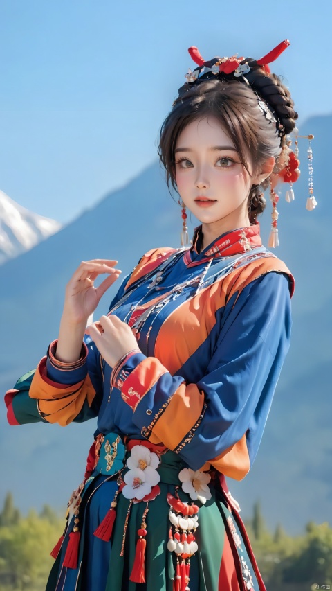  1girl,(Dynamic Pose:1.5),Chinese Yi ethnic clothing,Silver metal headwear,A girl from the Yi ethnic group holds hands and performs a traditional dance. She is dressed in Yi ethnic costumes and has a bright smile, showing off her youthful vitality, 1girl