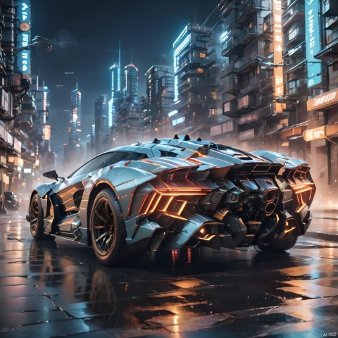 A super mecha combat vehicle, （sports car：1.5）, future technology, complex structure, luminous sports car, multi-light sports car, mecha structure, luminous headlights, line light on the car body, driving in the street, buildings, cities, ruins, smoke, depth of field, best quality, masterpiece, 8k., circuitboard