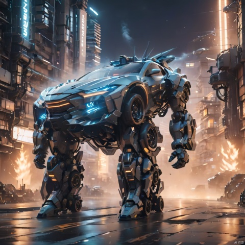 A super mecha combat vehicle, sports car, future technology, complex structure, luminous sports car, multi-light sports car, mecha structure, luminous headlights, line light on the car body, driving in the street, buildings, cities, ruins, smoke, depth of field, best quality, masterpiece, 8k., circuitboard