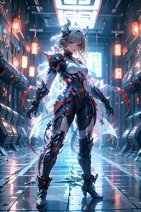  Zerg Mech (Queen),Armor,full body,Mechanical arthropods,Sharp armor,glove,Red and black armor,Sharp horns on the head,Sharp limb structures throughout the body,indoor,The metal barb structure on the shoulder armor,Micro lateral body,Complex armor,Calf mecha,Thigh mechanical,Mechanical boots,standing,ground,Gray hair, 1girl