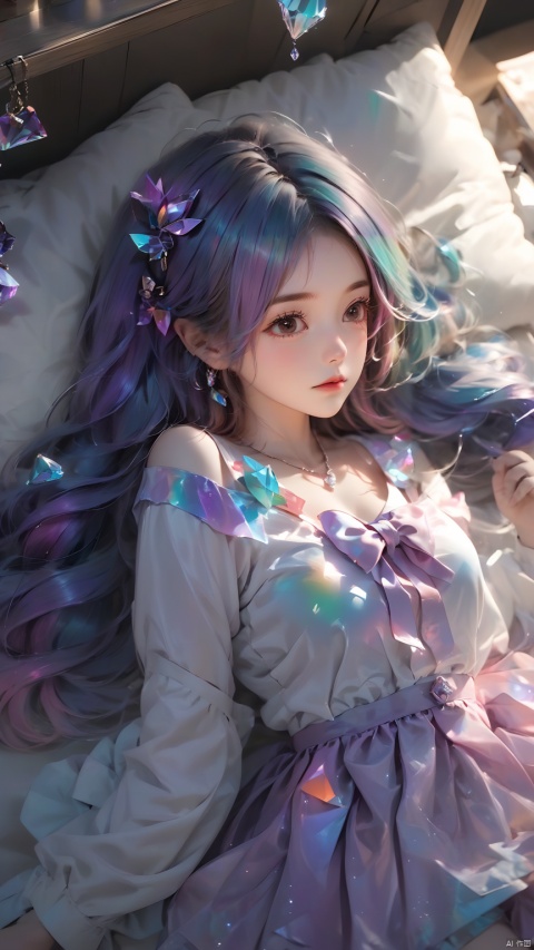 (masterpiece, best quali),1girl, solo, lying, on back, cellphone, closed eyes, bow, pillow, socks,  hair ornament, pleated skirt, sleeping, earphones,  on bed, indoors, long hair, bowtie, blush, bed, hairclip, black socks, long sleeves,  earbuds, breasts, wooden floor, from above, hair ornament, gradient hair,nahida (genshin impact),Crystal Girl, Colorful crystal decoration,Crystal necklace,Crystal on the body,Floating Colorful Crystal,Purple gradient hair,1girl, hand