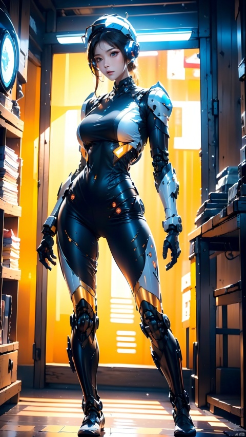  1girl,mechs,Mecha girl,White mech,Solo,Mechanical limb,droid,the detail,super detailing,(Huge robotic arm),（Huge mechanical fuselage）,（Huge mechanical legs）,super mecha,Long legs,Earphone,(shelmet:1.5),Glowing,inside in room,Masterpiece, Best quality,Joel Brier, Cinematic lighting, Professional lighting, solofocus,Sharp focus, cinematic shadow, robot, glow, Wen Dao Sheng Zun