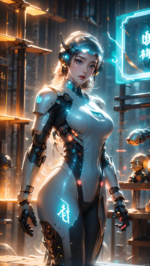  1girl,Dynamic pose,mechs,Mecha girl,White mech,Solo,Mechanical limb,droid,the detail,super detailing,(Huge robotic arm),（Huge mechanical fuselage）,（Huge mechanical legs）,super mecha,Long legs,Earphone,(shelmet:1.5),Glowing,inside in room,Masterpiece, Best quality,Joel Brier, Cinematic lighting, Professional lighting, solofocus,Sharp focus, cinematic shadow, robot, glow, Wen Dao Sheng Zun,Multi energy text,Energy pairing,Glowing Text,Transparent text,The Energy Behind Chinese Characters ,glow,Hazy light,Floodlight,Light effects,Optical particle,Luminous,High brightness contrast,1boy