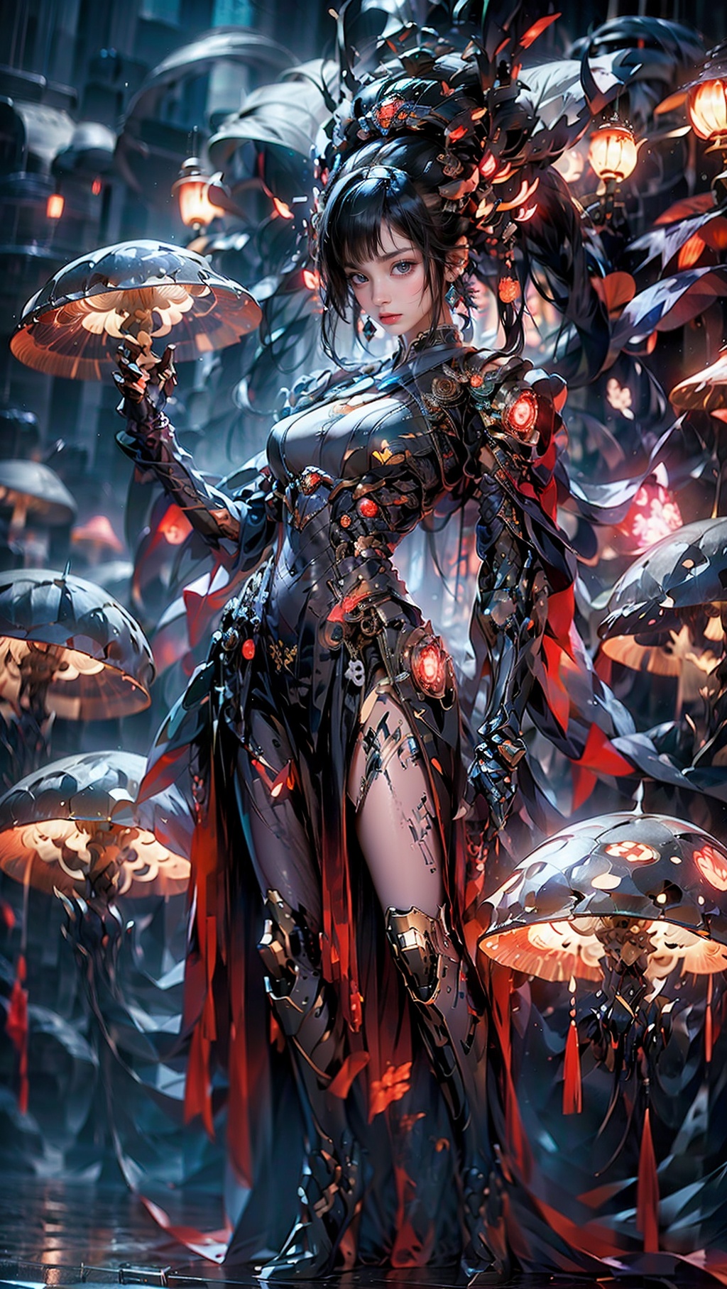 Zerg mecha (Queen), Mushroom Forest, mecha, armor, full body, mechanical arthropods, sharp armor, mushroom forest background, glowing mushrooms, shining mushrooms, multi mushrooms, gloves, complex armor, mecha, mechanical boots, standing, black long hair, sharp fingers, terrifying hand weapons, abnormal hands, mechanical spider legs behind, single ponytail, semi exposed thighs, ground, outdoor, blurry background, The purple glowing spot at the knee, 1girl, glow, cyberhanfu