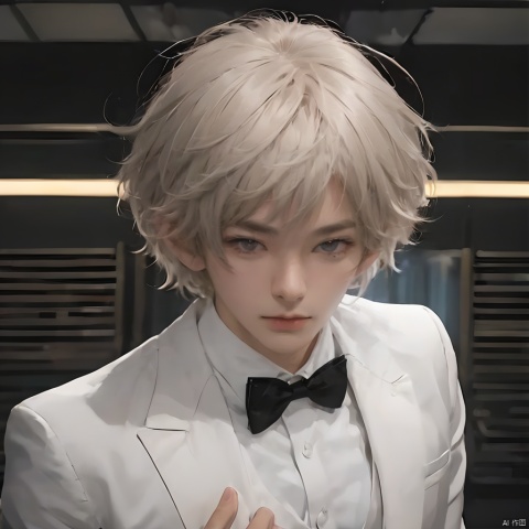 1boy,bangs,black background,black bow,black bowtie,bowtie,closed mouth,collared shirt,suit,indoor,standing,White hair,lips,looking at viewer,shirt,Long hair,solo,upper body,vest,white shirt,wing collar