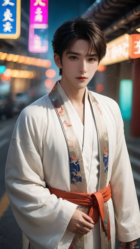 1boy,A handsome man in a signature Hanfu jacket stands smartly by the city&#039;s overpass,his stylish demeanor punctuated by cars and neon lights,