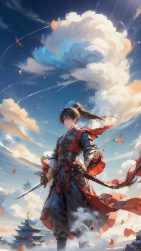  (1boy:1.5),（Soaring through the clouds and mist）,black hair,A large amount of fog,（Standing on the Cloud）,(Clouds covering the ground),levitate,No ground,cloud,cloudy sky,evening,gradient sky,high ponytail,holding sword,Massive Clouds,Holding a long stick,Red and blue clouds,Upper body,Hanfu,long hair,male focus,outdoors,ponytail,sky,smile,solo,sword,twilight,wide sleeves, 1 boy, mech