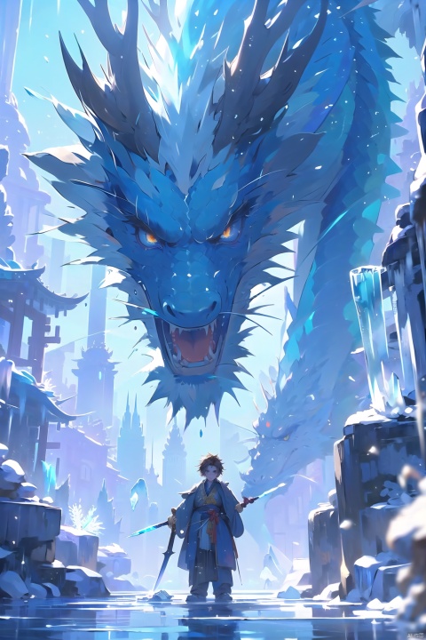  ice magic,(1boy:1.5),1boy, solo,full body,front
,brown hair,handsome, white skin,holding sword,sword,blue theme, holding, holding sword, holding weapon, ice,Ice Magic,Ice crystal,Icicles,ice,Chinese Ice Dragon,short hair,whole body,solo, standing, sword, weaponFacial detail portrayal,Perfect facial features,standing,watch audience, guidao