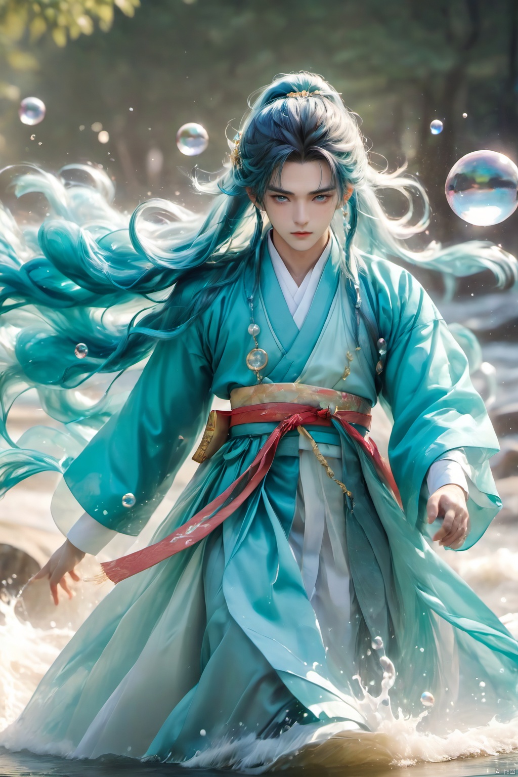 1 boy, upper body, above thigh, front, dynamic posture, hanbok, floating, bubbles, aqua hair, blue hair, foam, floating hair, jewelry, long hair, look at the audience, male focus, fluid, water Magic, fluid hair, running water, necklaces, oceans, 1girl