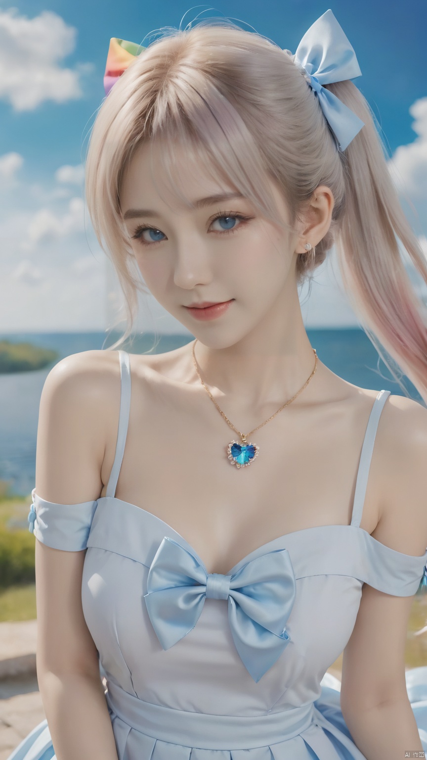 best quality, masterpiece, realistic, ,(Good structure), DSLR Quality,Depth of field,kind smile,looking_at_viewer,Dynamic pose, 1girl, solo, long hair, , looking at viewer, blush, , bangs, blue eyes,, dress, bow, , bare shoulders, jewelry, very long hair, collarbone, ponytail, white hair, hair bow, thighs, outdoors, sky, sleeveless, day, cloud, water, necklace, white dress, hair over one eye, bracelet, blue sky, blue bow, wading, pendant, doll, skirt hold, rainbow, anastasia \(fate\), , , linghua