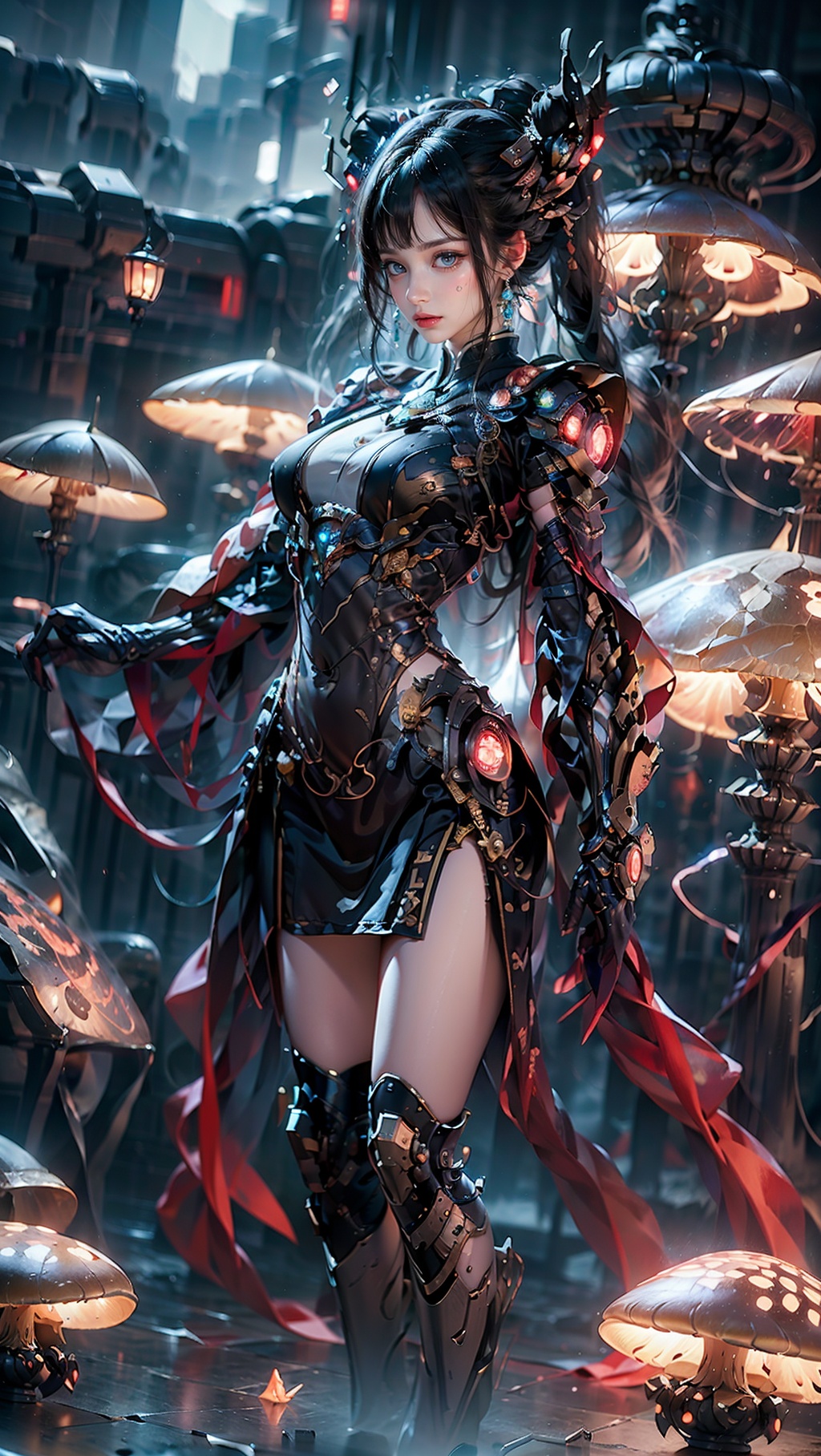 Zerg mecha (Queen), Mushroom Forest, mecha, armor, full body, mechanical arthropods, sharp armor, mushroom forest background, glowing mushrooms, shining mushrooms, multi mushrooms, gloves, complex armor, mecha, mechanical boots, standing, black long hair, sharp fingers, terrifying hand weapons, abnormal hands, mechanical spider legs behind, single ponytail, semi exposed thighs, ground, outdoor, blurry background, The purple glowing spot at the knee, 1girl, glow, cyberhanfu