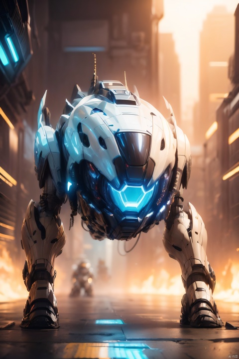  robot,blurry,Mecha,Full mecha,full body, blurry background, cable, depth of field,Streamlined mecha, glowing,Luminous mecha,Complex mechanical structures,Non humanoid head features,One eyed like a camera lens,Glowing Cyclops,White and black mecha,Multi light source mecha, glowing eyes, lights, machinery, mecha, power armor, robot, robot joints, science fiction, solo, Robot, Mech Combat Vehicle, glow, Aerospace mecha, Alien astronauts