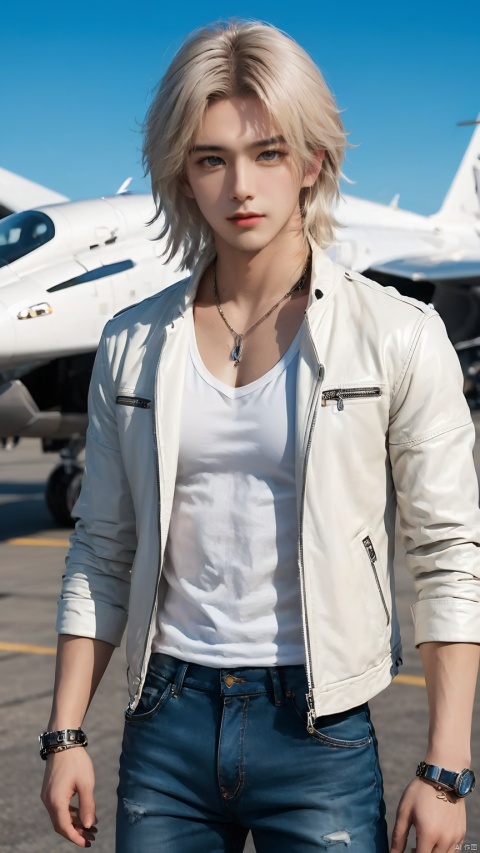 1boy, leather jacket, tight fitting T-shirt, ripped jeans, fashionable boots, white long hair, airplane head, bracelet, (supercar: 1.3), super mech tank, auto show