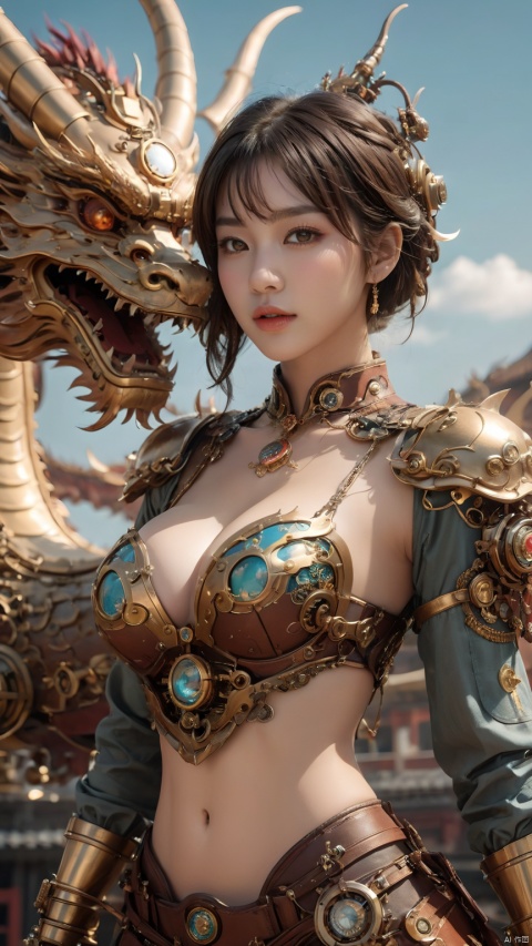 Complex mechanical structure of the Chinese dragon,Steampunk,Machinery Chinese Loong,1girl,breasts,cleavage,fantasy,details,strapless ,Slightly sideways, upper body, above buttocks, looking at the camera,armor,Precision structure,jewelry,lips,looking at viewer,medium breasts,short hair,upper body, 1girl