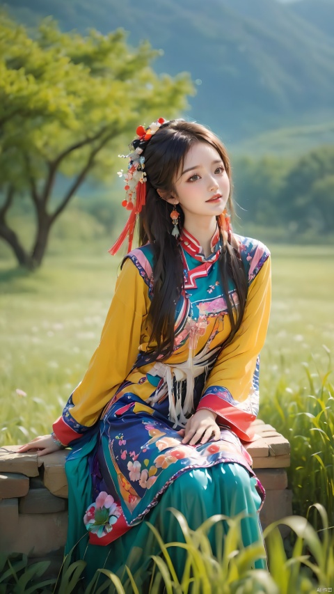  1girl,(Dynamic Pose:1.5),Chinese Yi ethnic clothing,A Yi girl is sitting on the green grass, wearing a colorful embroidered dress, holding a bunch of wild flowers in her hand, the breeze blowing her long hair, smiling, 1girl
