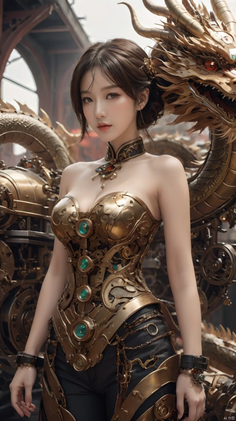 Complex mechanical structure of the Chinese dragon,Steampunk,Machinery Chinese Loong,1girl,breasts,cleavage,fantasy,details,strapless ,Slightly sideways, upper body, above buttocks, looking at the camera,armor,Precision structure,jewelry,lips,looking at viewer,medium breasts,short hair,upper body