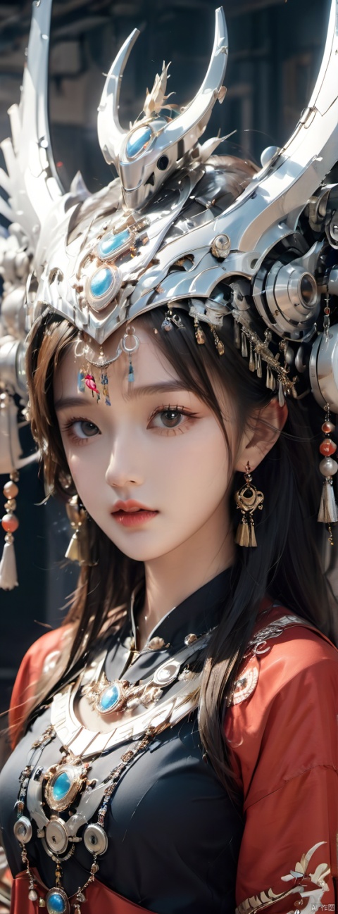 1girl,depth of field,earrings,Chinese Yi ethnic clothing,(mecha clothing:1.3),Silver headwear,Metal tassels,Yi ethnic metal jewelry,round silver necklace,complex jewelry,super complex headpiece,crescent shaped headpiece,mecha,(mechanical limb:1.3),Complex helmet,luster audience looking,the silver metal surface,Miao Silver Phoenix Crown