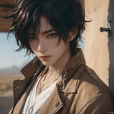 1boy,black hair,blurry background,brown eyes,brown jacket,closed mouth,depth of field,jewelry,lips,Short hair,Lateral body,Open by the wall,Brown coat,standing,Middle split head,looking at viewer,male focus,necklace,outdoors,pendant,realistic,shirt,Long hair,solo,upper body,white shirt