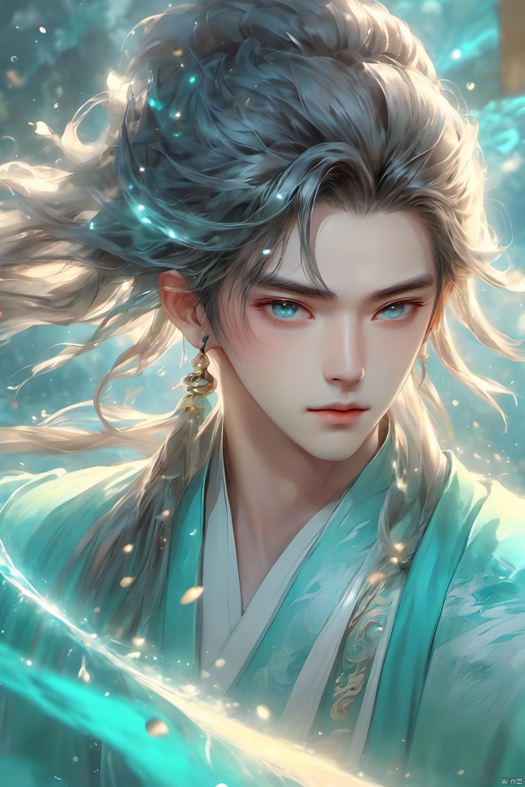 Wind Magic, 1 boy, dynamic pose, release wind spiral ball, cyan energy spiral ball, spiral, water color hair, depth of field, eyelashes, hair accessories, jewelry, lips, long hair, watch audience, reality, solo, upper body, water, ancient Chinese Hanfu, wind, glow