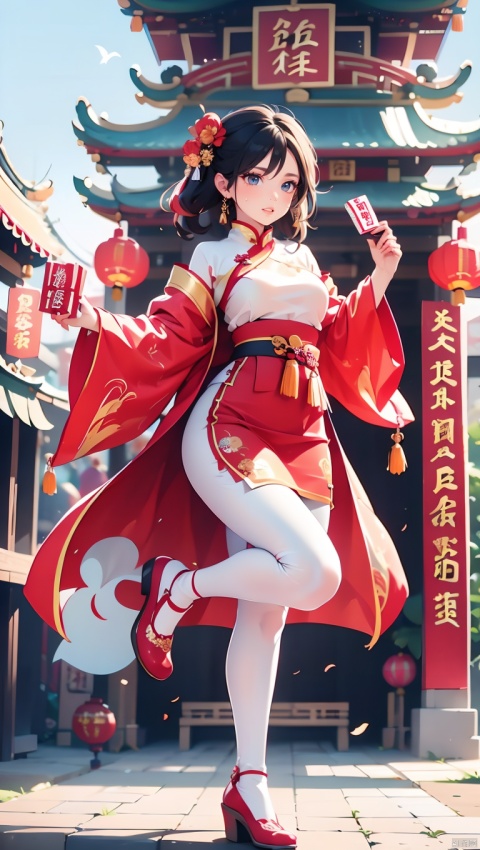 1girl,Chinese New Year,Welcoming Spring Girl,Spring welcome clothing,Hanfu,Chinese knot,Red Theme,White top,Big long legs,Red skirt,The huge mecha building behind it,full body,front,Animal mechs crossing over their feet,Tassel earrings,Looking up,Red leggings,dragon,ancient Chinese architecture,Red Lantern,Zhang Deng Jie Cai,Full of joy and joy,Spring Festival couplets,Ancient Chinese script,Brown eyes,Clothing printing, Bride in wedding attire,Red wedding dress, Chinese Dragon,The Year of the Dragon in China