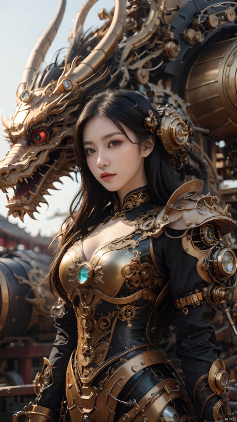Complex mechanical structure of the Chinese dragon,Steampunk,Machinery Chinese Loong,1girl,armor,Precision structure,Looking at the camera,Chest protective goggles,Precision armor at the knee,Sitting on machinery,details,black hair,lips,long hair,steampunk,weapon, 1girl, Steampunk,Complex mechanical structure of the Chin