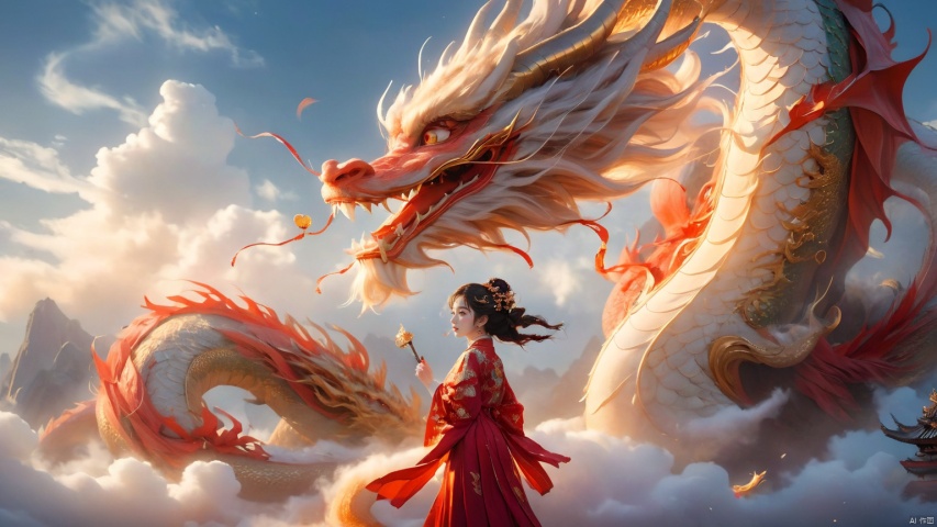 The girl and the Chinese dragon,Chinese dragon,1girl,Dragon Claw,Chinese Hanfu,cloud,squama ,The hair on the faucet,Ultimate details,Dragon horn,The graceful and winding dragon body,cloudy sky,dragon,dragon horns,eastern dragon,Open the dragon's mouth,The girl stands on the dragon's body, with a back and a metal decorative object behind her,Close range,Red Dragon,evening,gradient sky,The camera looks up from below,horns,long hair,mountain,open mouth,orange eyes,outdoors,scales,sky,smoke,solo,sun,sunset,teeth,twilight, Chinese dragon, glow