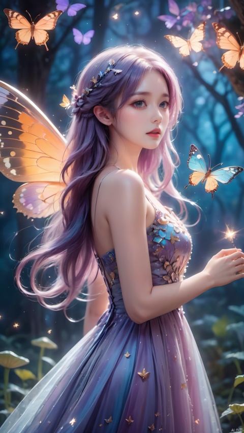 ((4k,masterpiece,best quality)), professional camera, 8k photos, wallpaper 1 girl, solo,purple hair,ethereal fairy, floating on clouds, sparkling gown with iridescent butterfly wings, holding a magic wand, surrounded by dancing fireflies, twilight sky, full moon, mystical forest in the background, glowing mushrooms, enchanted flowers, softly illuminated by bioluminescence, serene expression, delicate features with pointed ears, flowing silver hair adorned with tiny stars, gentle breeze causing her dress and hair to flow ethereally, dreamlike atmosphere, surreal color palette, high dynamic range lighting, intricate details, otherworldly aesthetic.
, hand