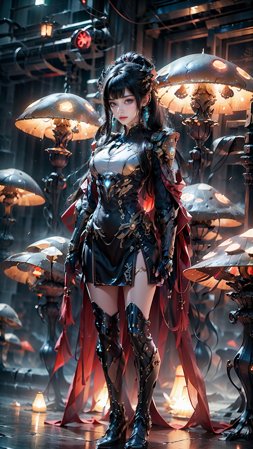 Zerg mecha (Queen), Mushroom Forest, mecha, armor, full body, mechanical arthropods, sharp armor, mushroom forest background, glowing mushrooms, shining mushrooms, multi mushrooms, gloves, complex armor, mecha, mechanical boots, standing, black long hair, sharp fingers, terrifying hand weapons, abnormal hands, mechanical spider legs behind, single ponytail, semi exposed thighs, ground, outdoor, blurry background, The purple glowing spot at the knee, 1girl, glow, cyberhanfu