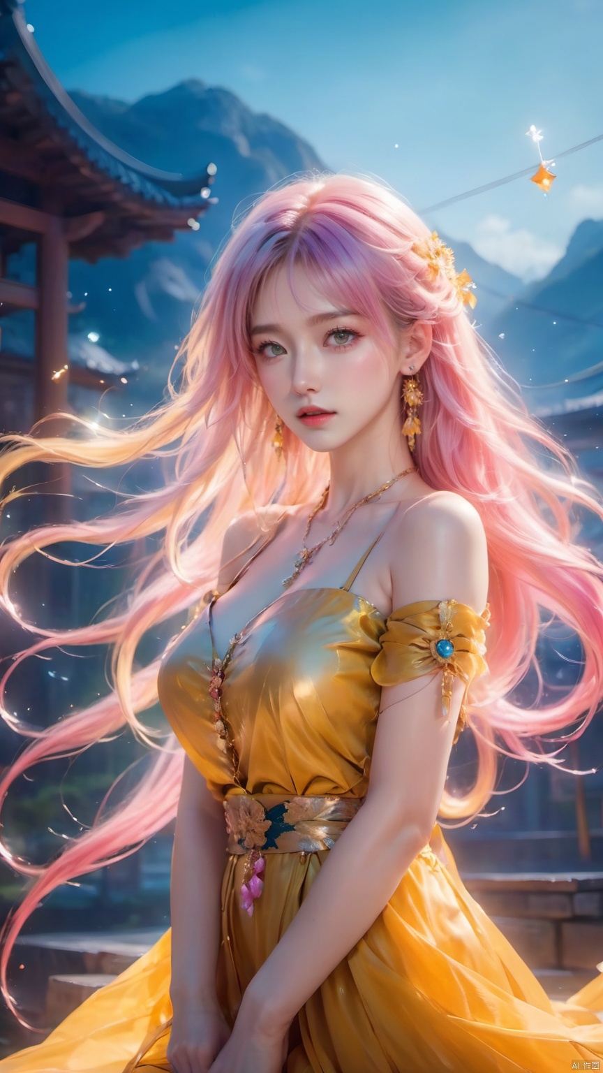 1girl,Bangs, off shoulder, colorful_hair, ((colorful hair)),golden dress, yellow eyes, chest, necklace, pink dress, earrings, floating hair, jewelry, sleeveless, very long hair,Looking at the observer, parted lips, pierced,energy,electricity,magic,tifa,sssr,blonde hair,jujingyi, wangyushan, dofas, forehead mark