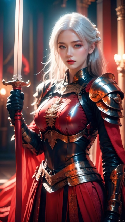 a beautiful female model is wearing black and red armor, standing in the palace, holding a bright red sword in her hand. The palace is full of red atmosphere , palace background, in the style of realistic hyper-detailed rendering, pseudo-realistic,redscale film, mark henson, nikita veprikov,black and red armor, gothichorrorai, Armor, white hair,Warrior,from above,bright red sword