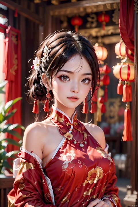  Bride in wedding attire,1girl,Red wedding dress, bare shoulders, black hair, blurry background, breasts, chinese clothes, closed mouth, curtains, depth of field,earrings,printing,necklace,earring,（chinese  dragon：1.5）， 