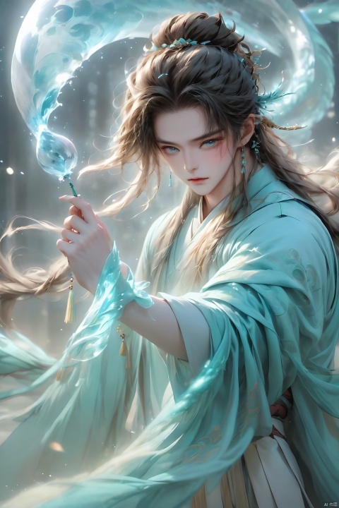 Wind Magic, 1 boy, dynamic pose, holding wind spiral ball, cyan energy spiral ball, spiral, long trailing energy spiral tail, water color hair, depth of field, eyelashes, hair accessories, jewelry, lips, long hair, look at the audience, reality, solo, upper body, water, ancient Chinese Hanfu, wind, glow, hand,Hazy light